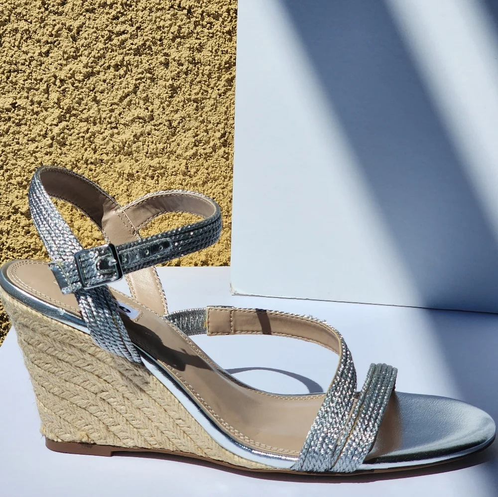 Dune London Women's Silver Kaia Ankle Strappy Wedges Sandals Size 8